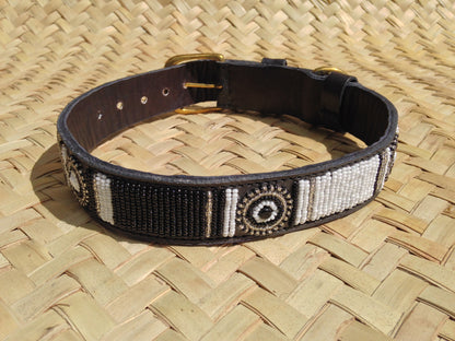 Handcrafted Maasai Dog Collar -Brown Silver Geometric