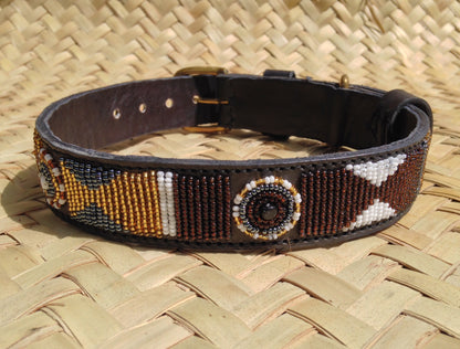 Handcrafted Maasai Dog Collar -Brown Gold Geometric
