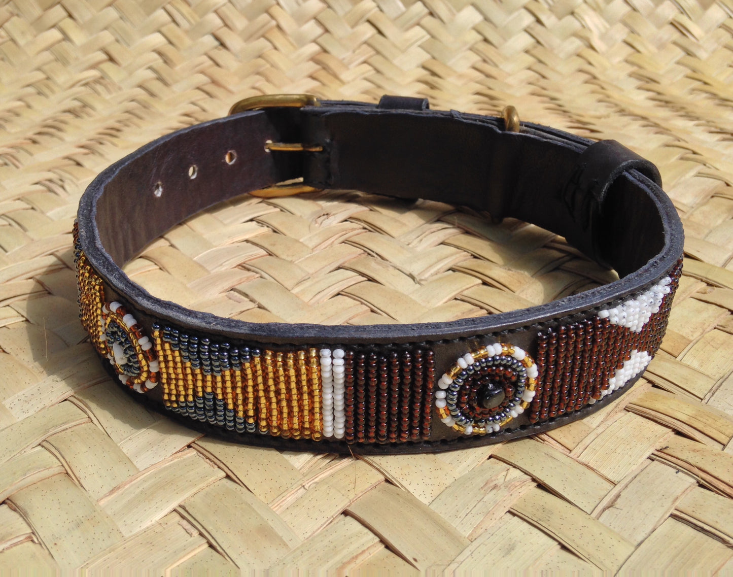 Handcrafted Maasai Dog Collar -Brown Gold Geometric