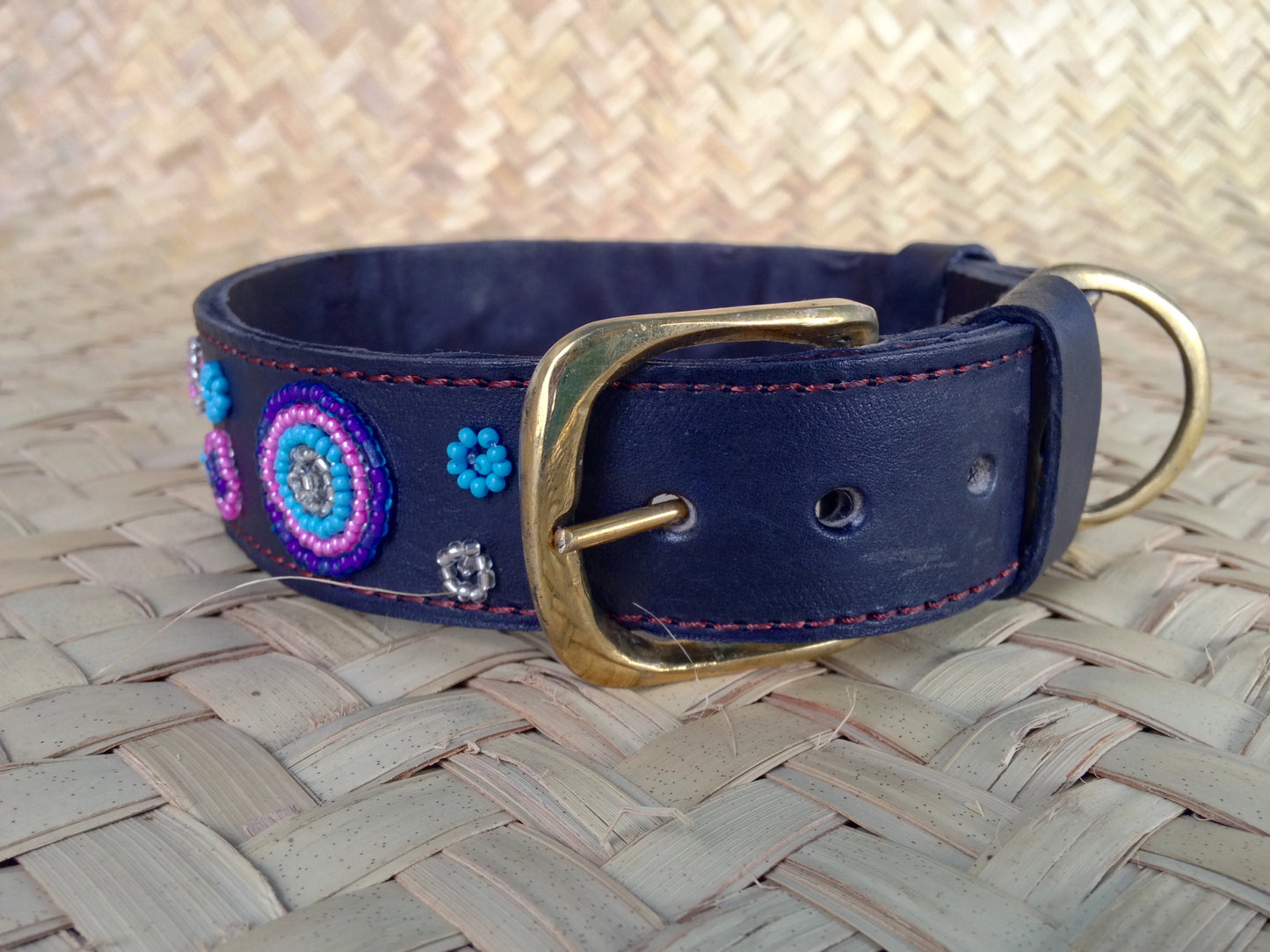Handcrafted Maasai Dog Collar - Pink Blue Circles