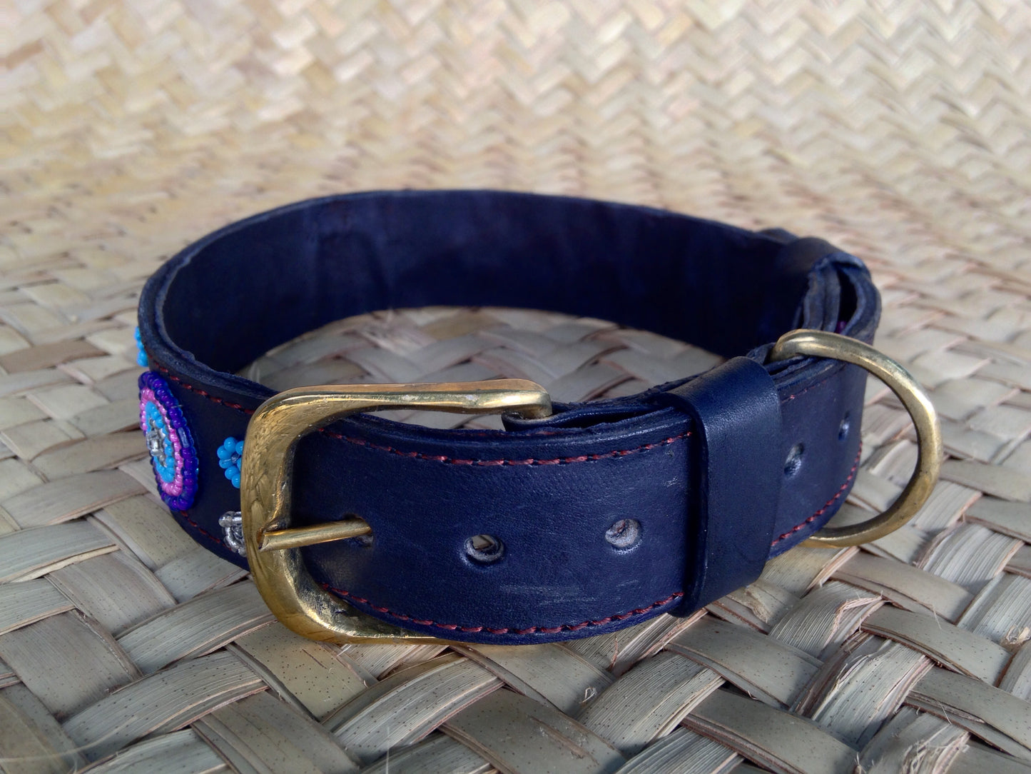 Handcrafted Maasai Dog Collar - Pink Blue Circles