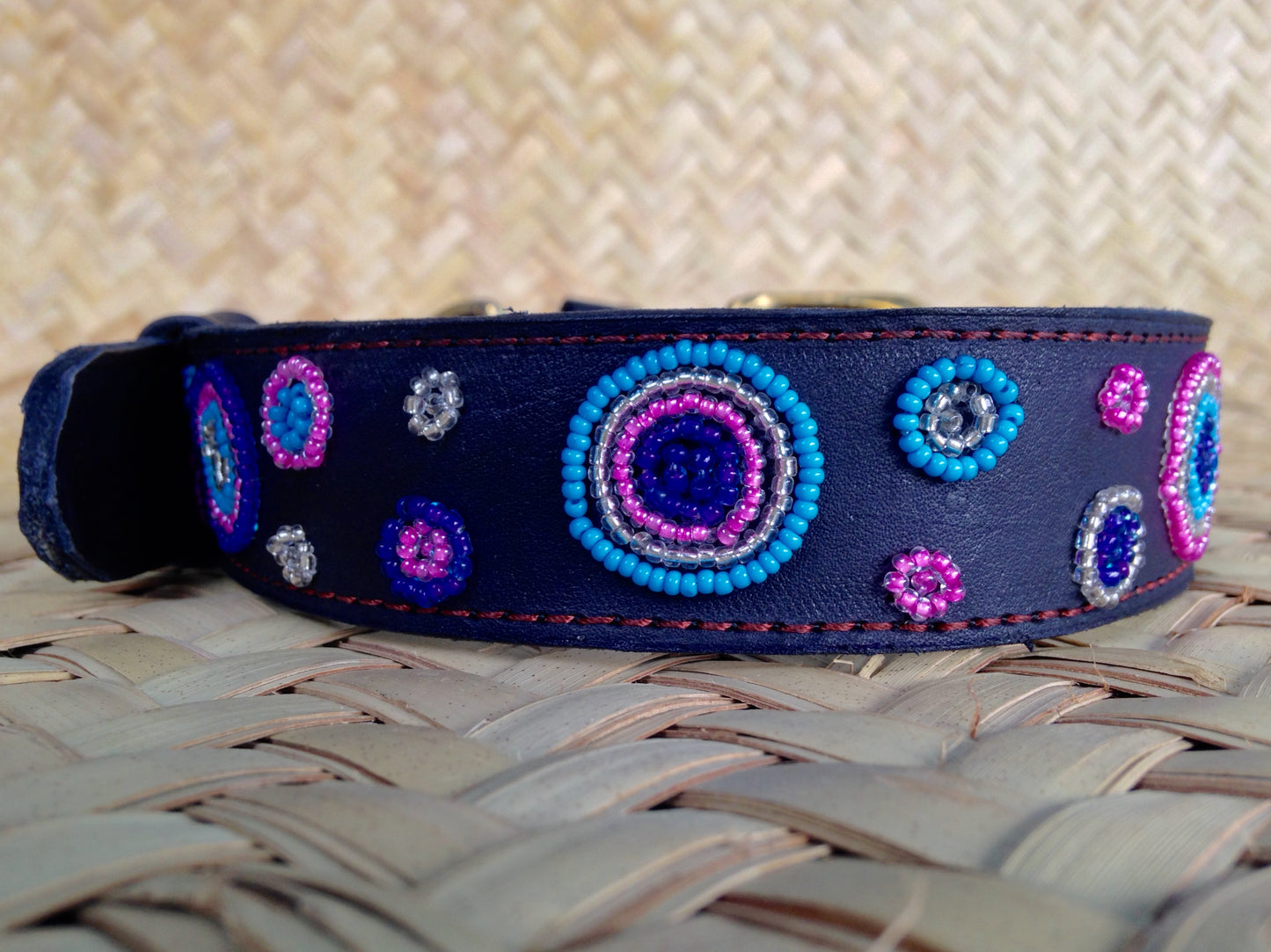 Handcrafted Maasai Dog Collar - Pink Blue Circles