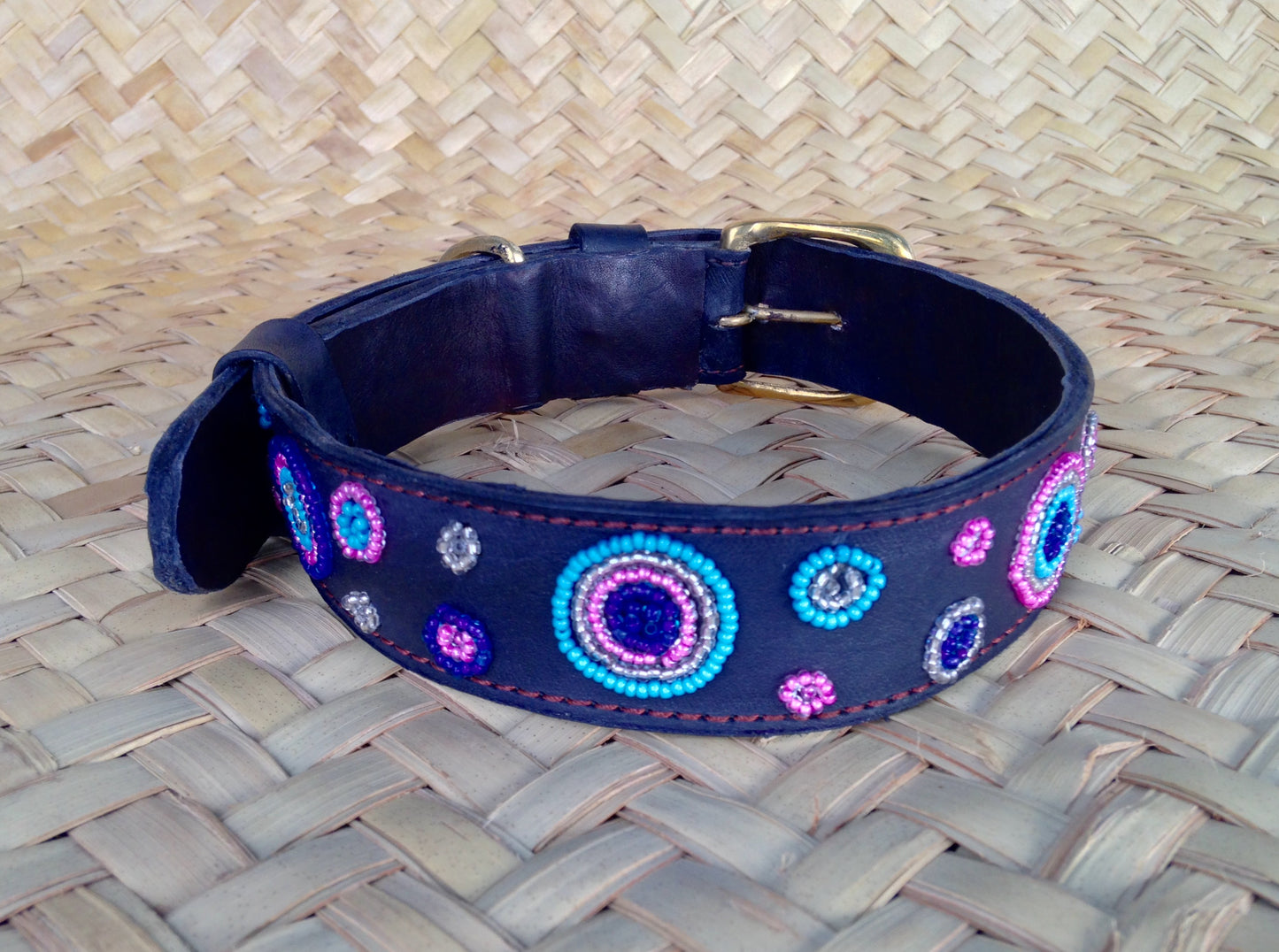Handcrafted Maasai Dog Collar - Pink Blue Circles