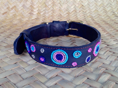 Handcrafted Maasai Dog Collar - Pink Blue Circles