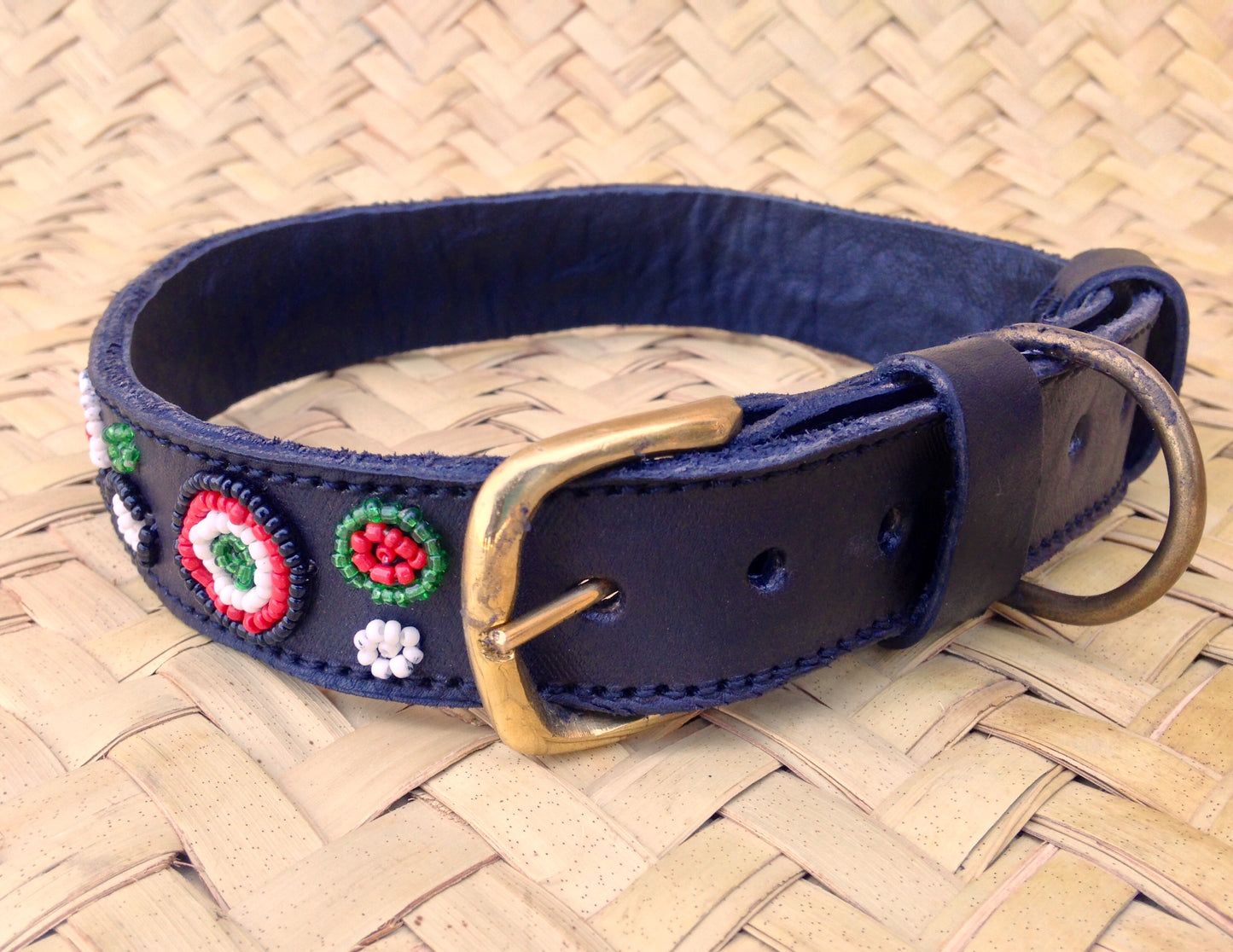 Handcrafted Maasai Dog Collar - Red Green Circles