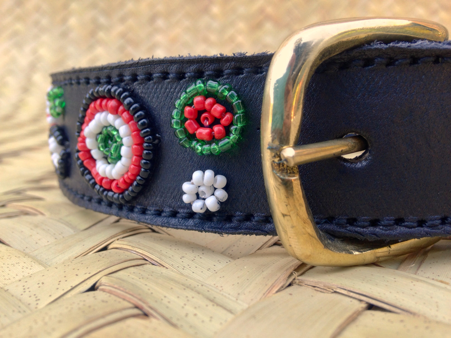 Handcrafted Maasai Dog Collar - Red Green Circles