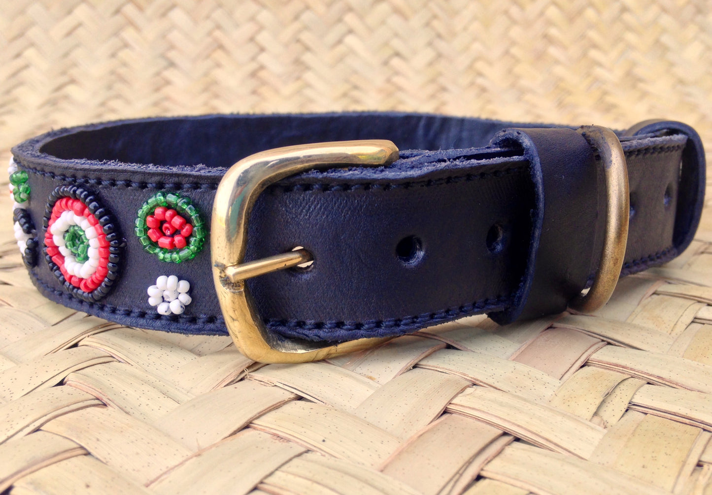Handcrafted Maasai Dog Collar - Red Green Circles