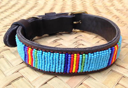 Handcrafted Maasai Dog Collar - Blue Stripes