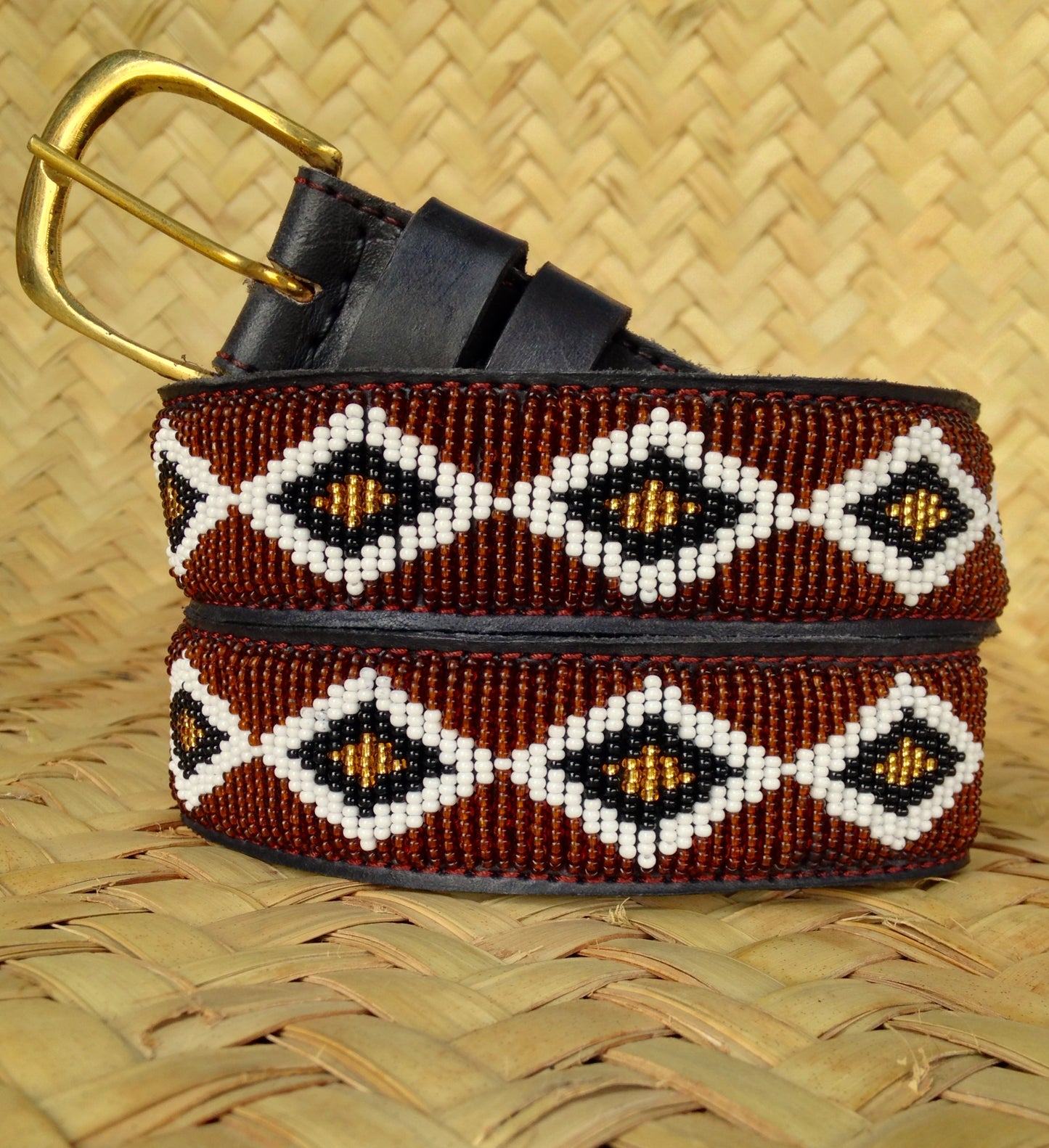 Handcrafted Maasai Belt - Brown Gold Geometric