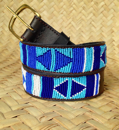 Handcrafted Maasai Belt - Blue & White Geometric