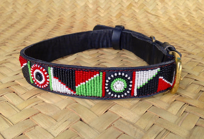 Handcrafted Maasai Dog Collar - Red Green Geometric