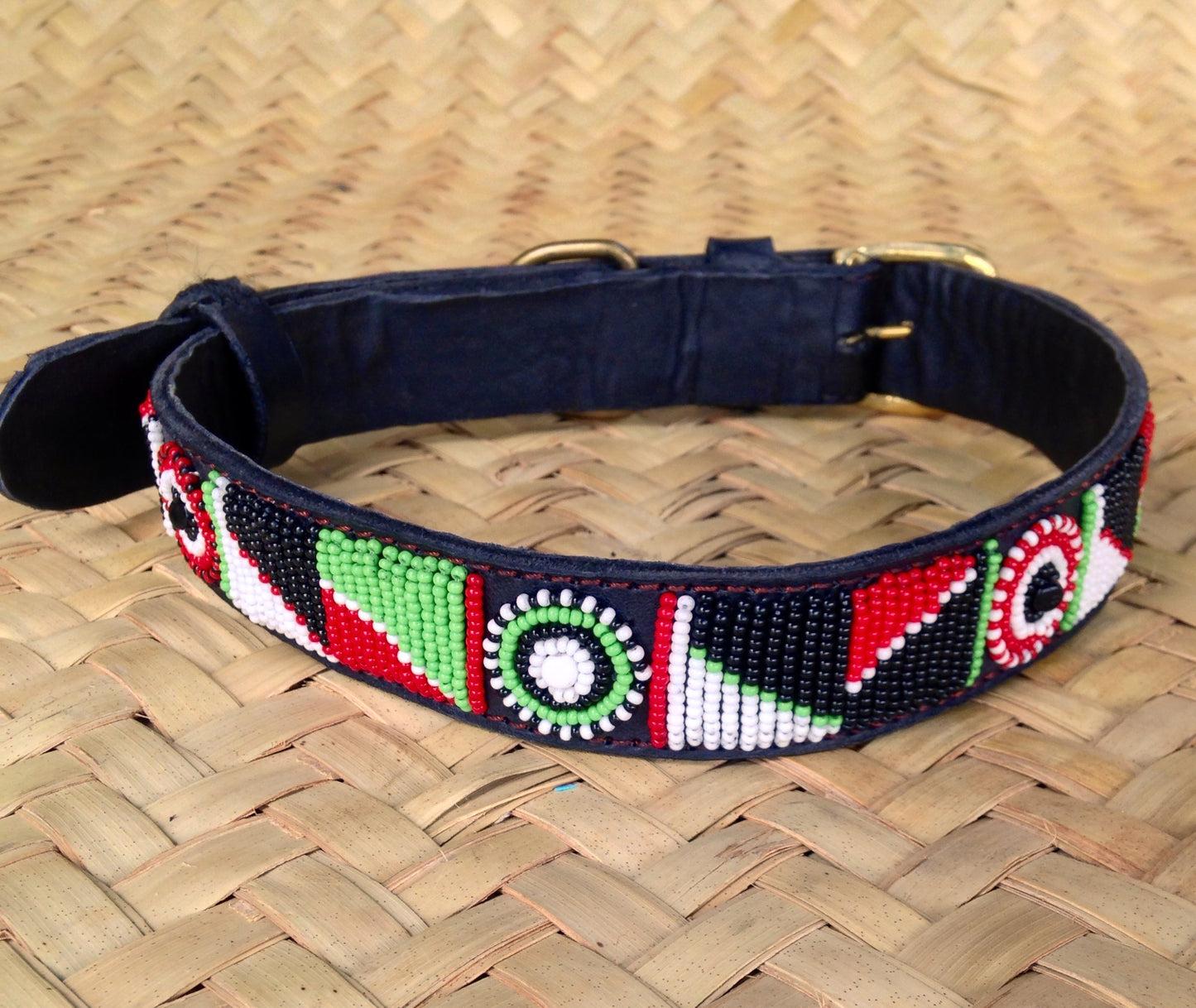 Handcrafted Maasai Dog Collar - Red Green Geometric