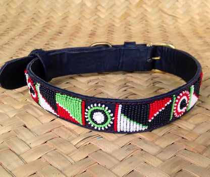 Handcrafted Maasai Dog Collar - Red Green Geometric