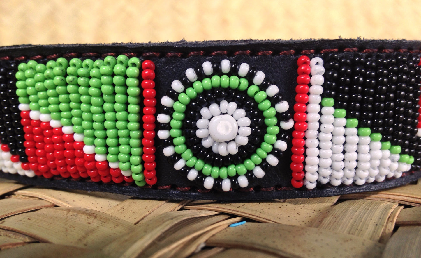 Handcrafted Maasai Dog Collar - Red Green Geometric