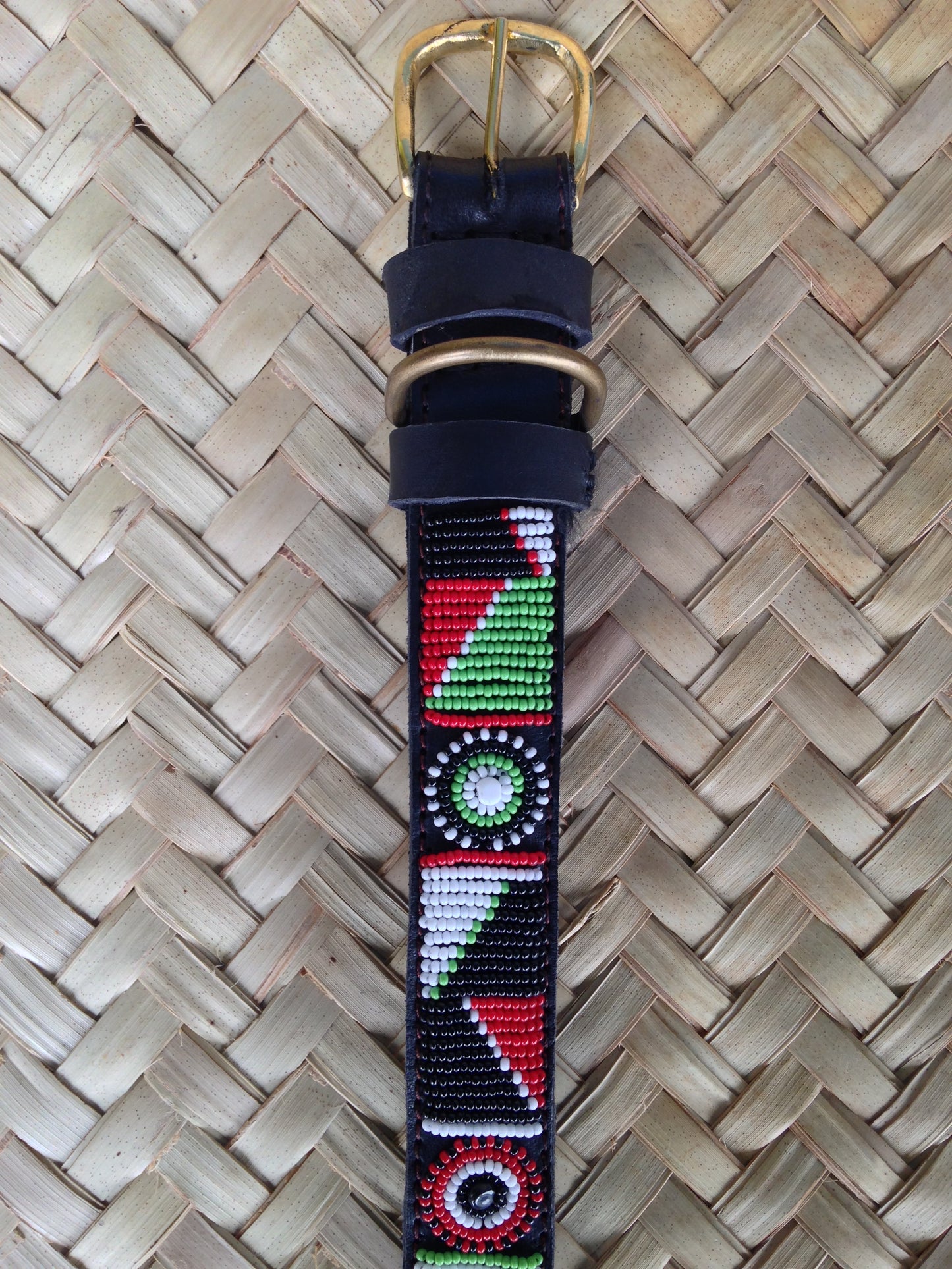 Handcrafted Maasai Dog Collar - Red Green Geometric