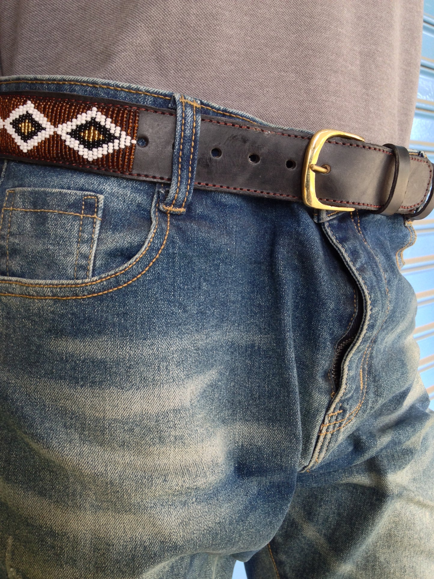 Handcrafted Maasai Belt - Brown Gold Geometric
