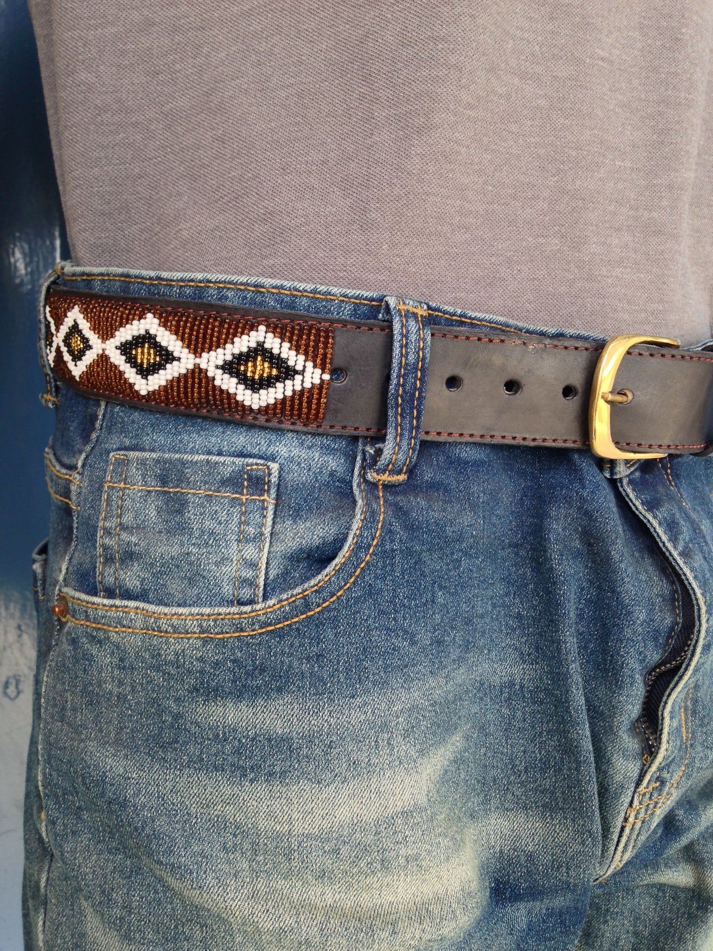 Handcrafted Maasai Belt - Brown Gold Geometric
