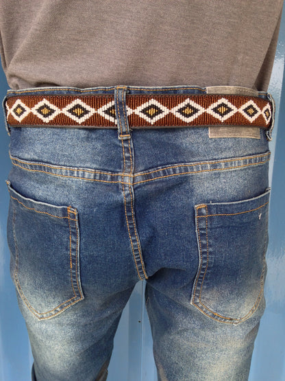 Handcrafted Maasai Belt - Brown Gold Geometric