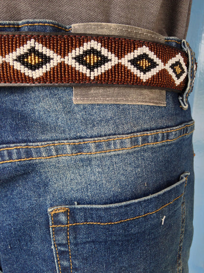 Handcrafted Maasai Belt - Brown Gold Geometric