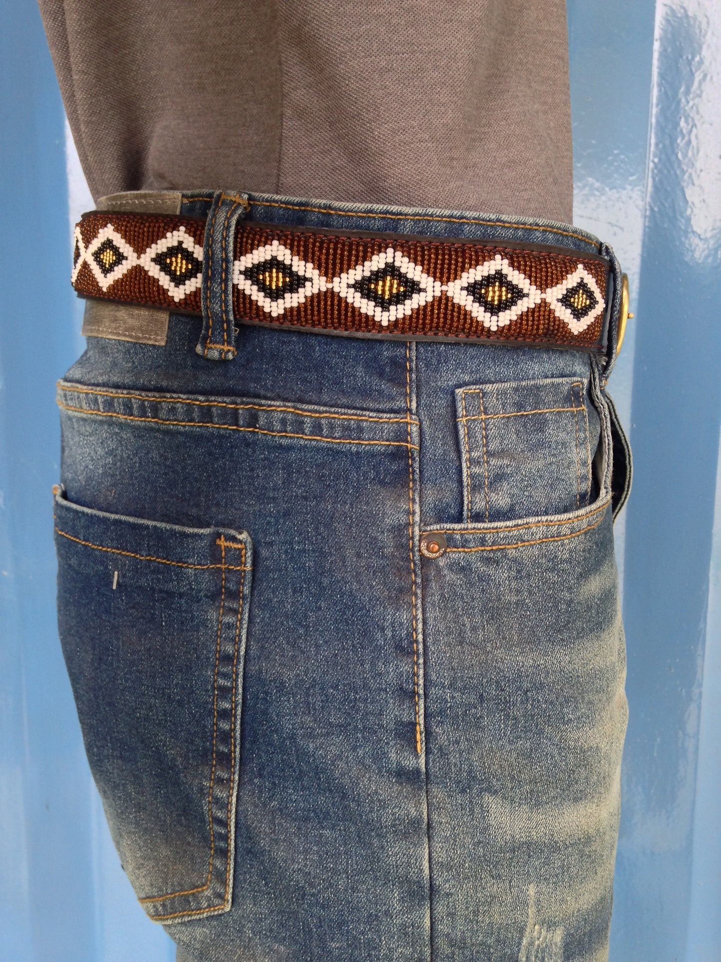 Handcrafted Maasai Belt - Brown Gold Geometric