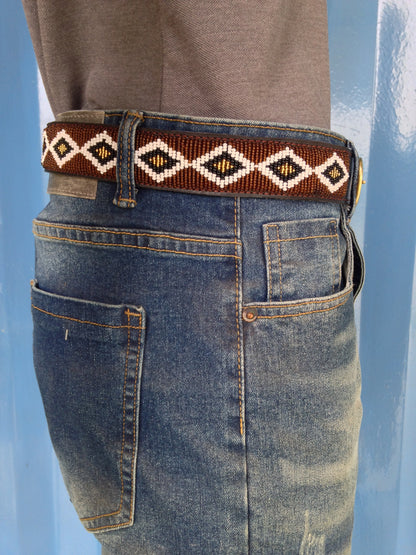 Handcrafted Maasai Belt - Brown Gold Geometric