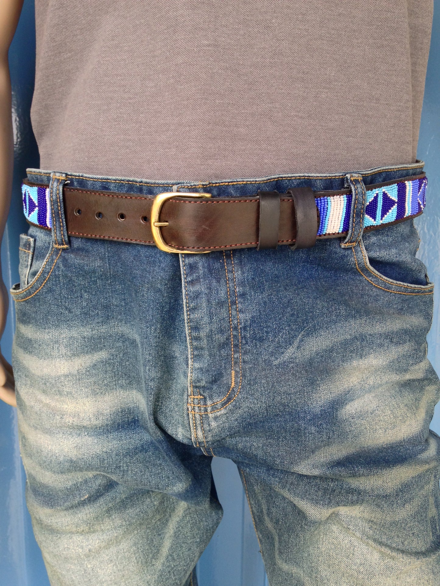 Handcrafted Maasai Belt - Blue & White Geometric