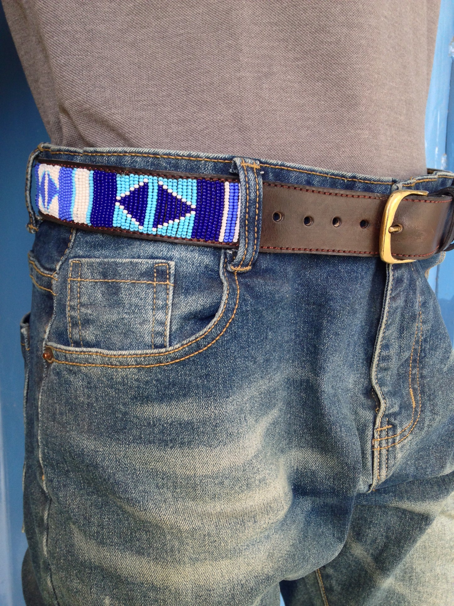 Handcrafted Maasai Belt - Blue & White Geometric