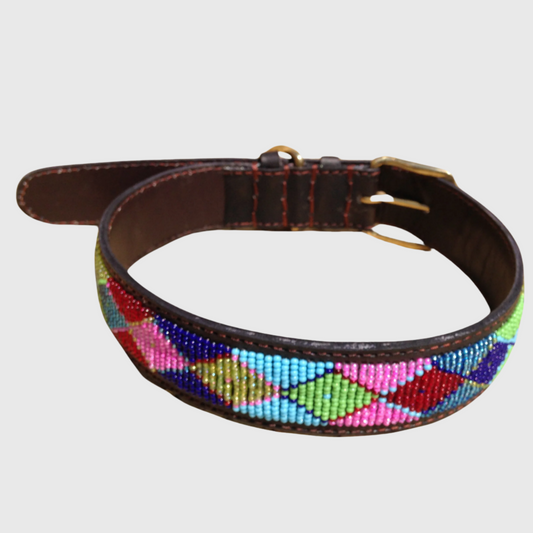 Handcrafted Maasai Dog Collar - Pink Blue Geometric
