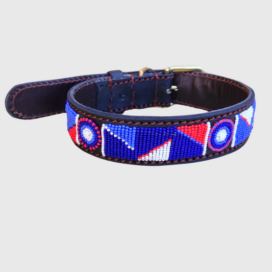 Handcrafted Maasai Dog Collar - Blue Red Geometric