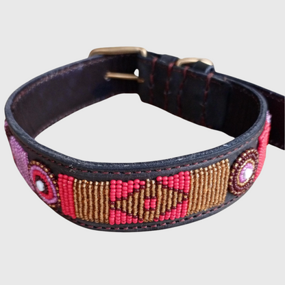 Handcrafted Maasai Dog Collar - Pink Red Geometric