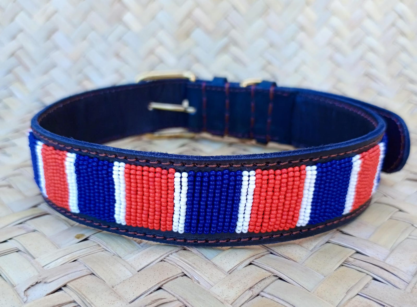 Handcrafted Maasai Dog Collar - Red Blue Stripes