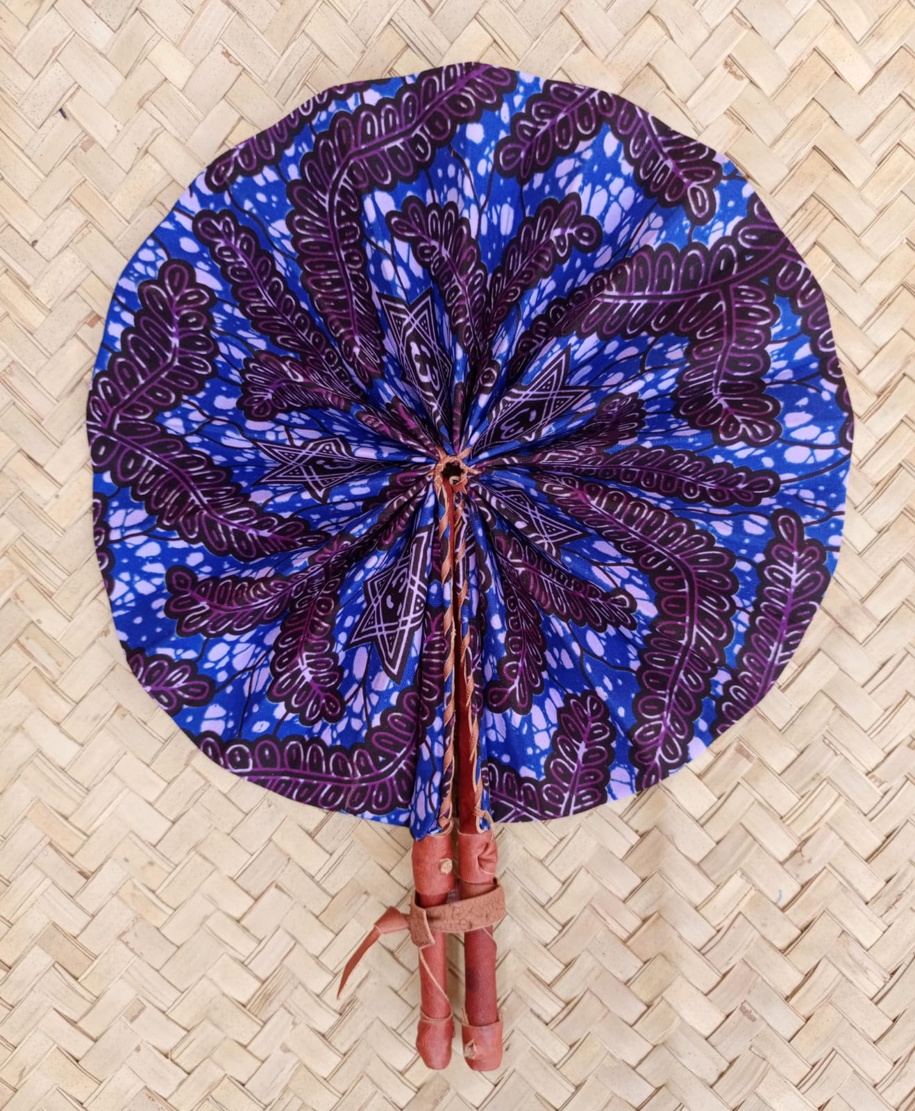 Ankara Fabric Hand Fan Leather Handle
