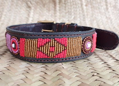 Handcrafted Maasai Dog Collar - Pink Red Geometric