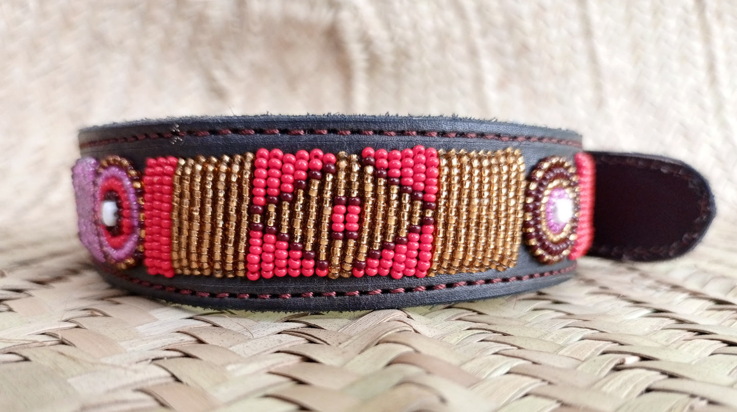 Handcrafted Maasai Dog Collar - Pink Red Geometric