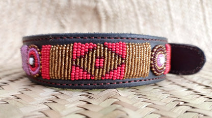 Handcrafted Maasai Dog Collar - Pink Red Geometric