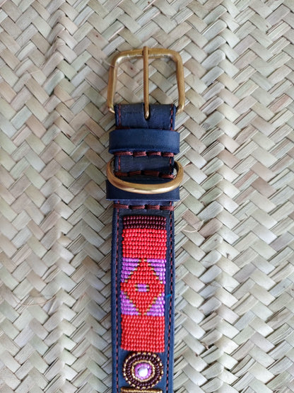 Handcrafted Maasai Dog Collar - Pink Red Geometric