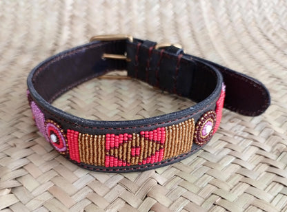 Handcrafted Maasai Dog Collar - Pink Red Geometric
