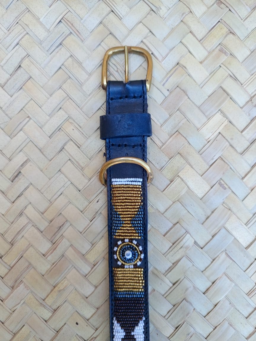 Handcrafted Maasai Dog Collar -Brown Gold Geometric