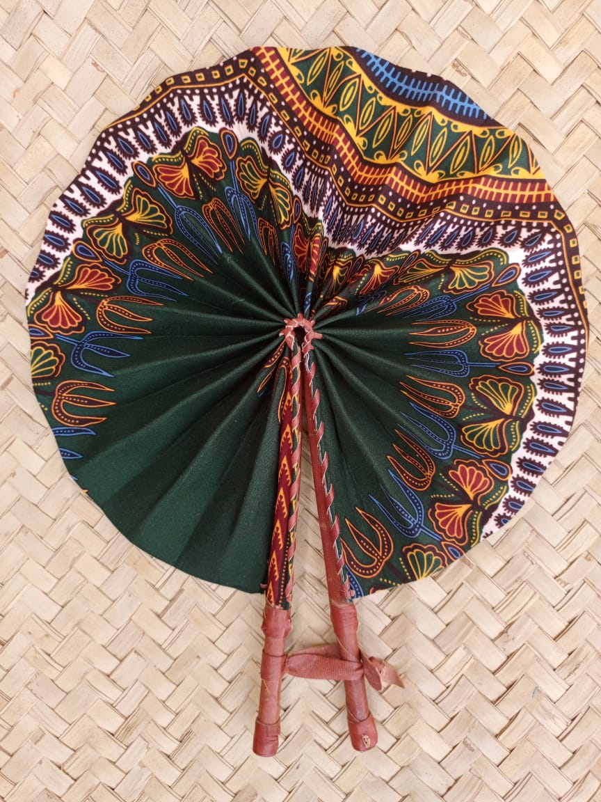 Ankara Fabric Hand Fan Leather Handle