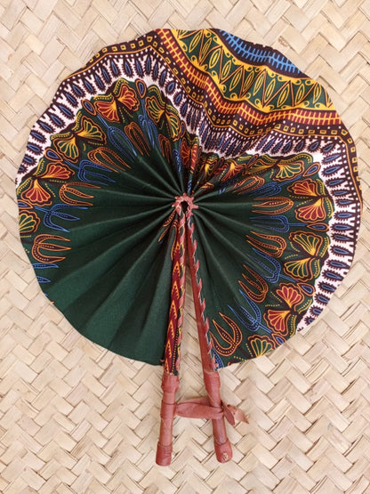 Ankara Fabric Hand Fan Leather Handle