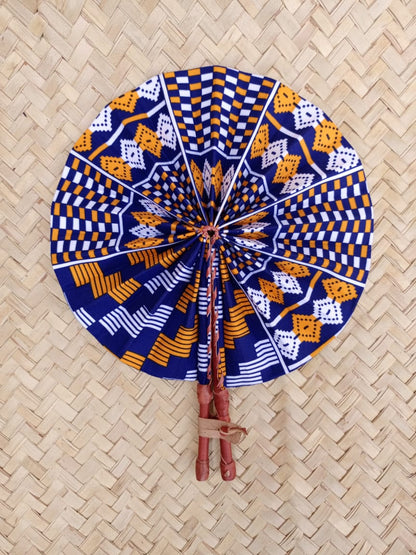Ankara Fabric Hand Fan Leather Handle