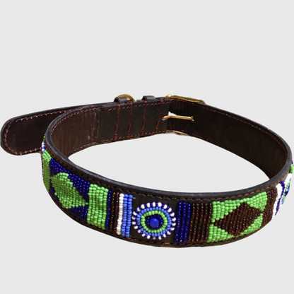 Handcrafted Maasai Dog Collar - Green/Blue Geometric
