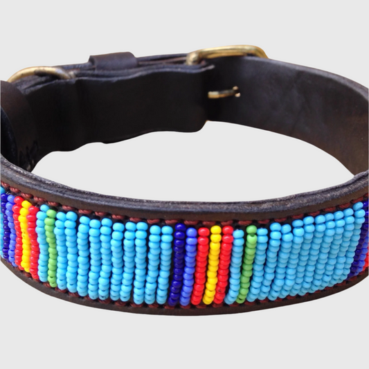 Handcrafted Maasai Dog Collar - Blue Stripes