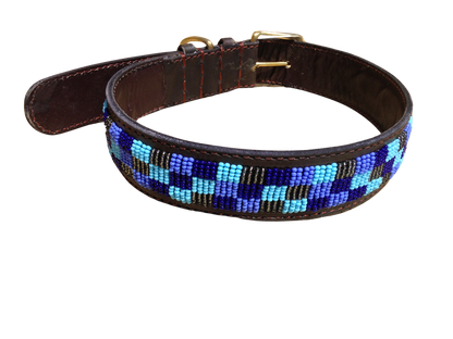 Handcrafted Maasai Dog Collar - Blue Gold Geometric
