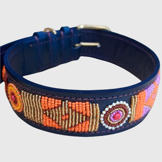 Handcrafted Maasai Dog Collar - Orange Gold Geometric