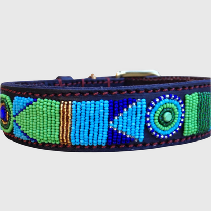 Handcrafted Maasai Dog Collar - Blue Green Geometric