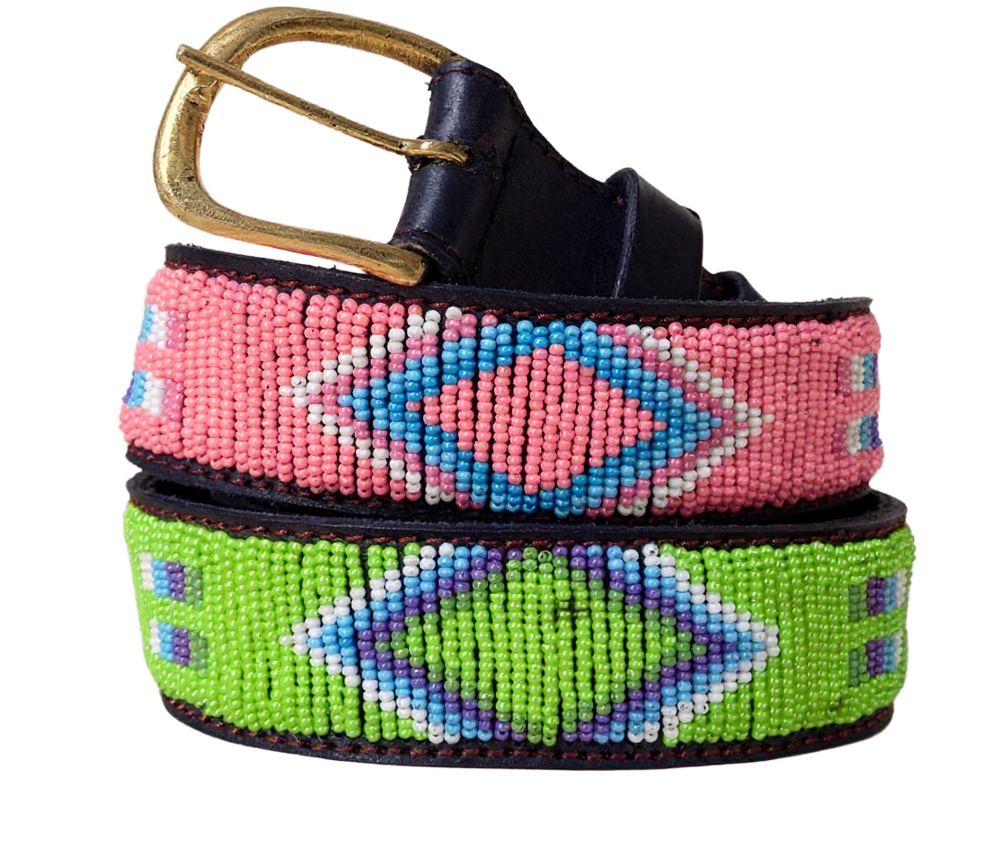 Handcrafted Maasai Belt - Pink Green Geometric