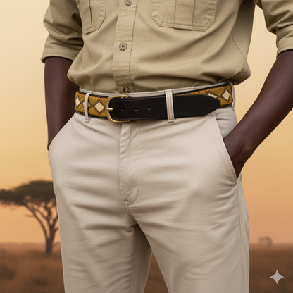 Handcrafted Maasai Belt - Mustard Brown Geometric